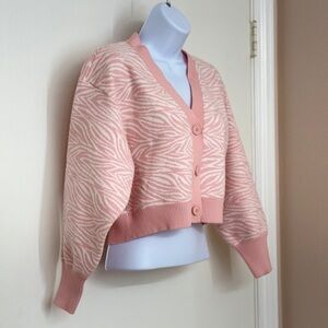 BCBG GENERATION Women's Pink White Jaquard Zebra Pattern Knit Cardigan, Size XS
